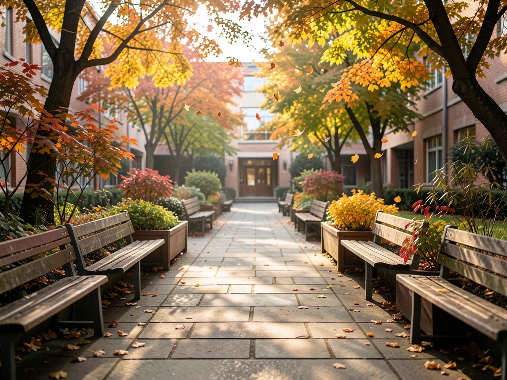 Serene hospital courtyard pathway soft autumn afternoon light