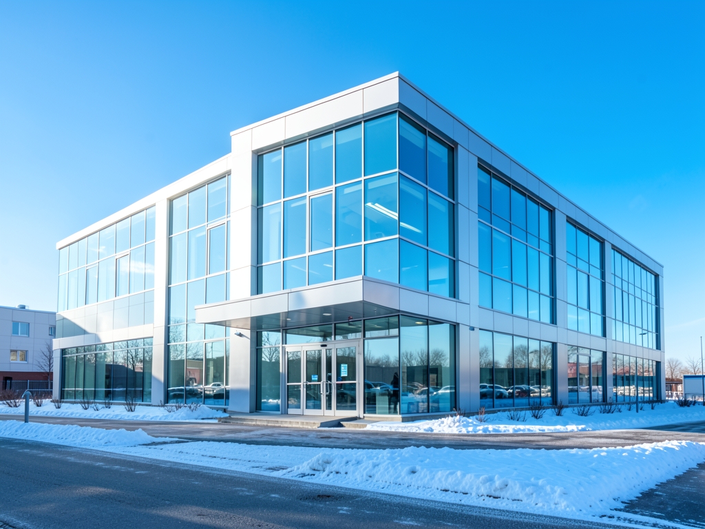 Bright modern clinic building exterior crisp winter morning