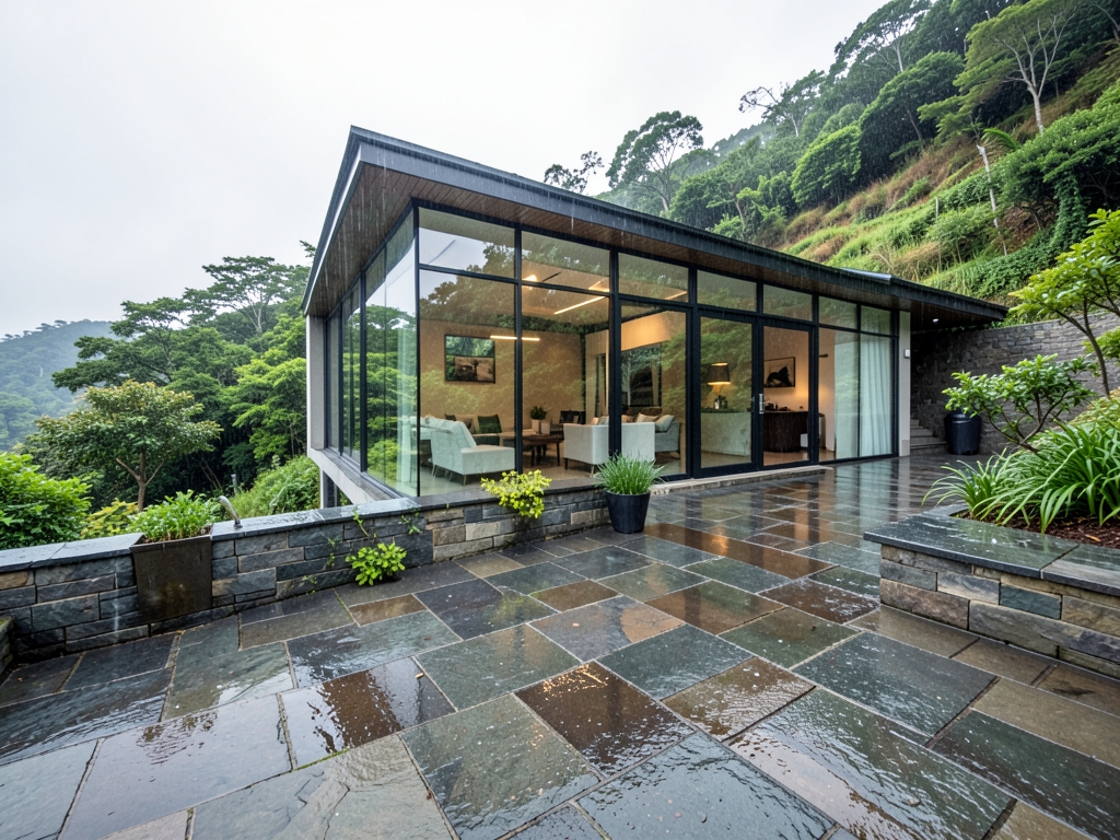 Contemporary hillside home with expansive glass stone terrace