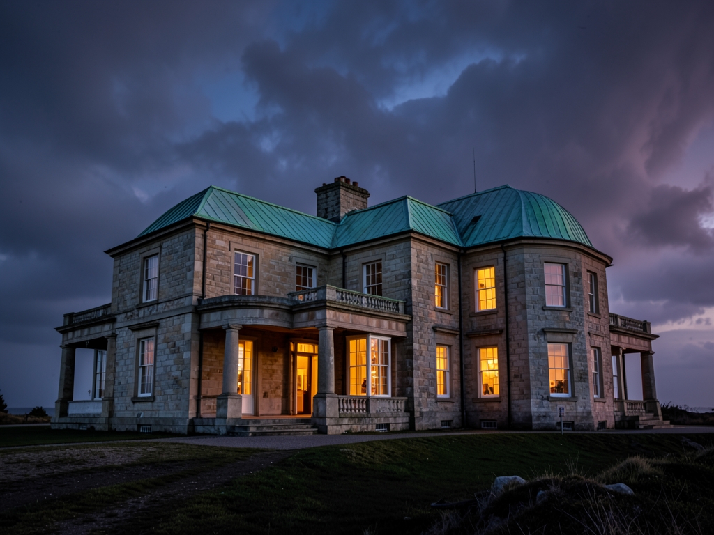 Sprawling coastal mansion with limestone walls copper roof