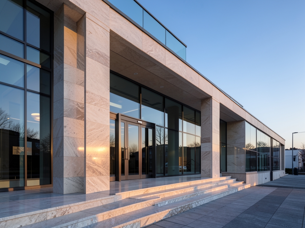 Sleek modern stone glass bank building early morning