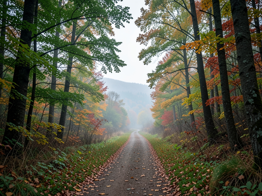 Diverging forest trail early autumn mist splitting toward