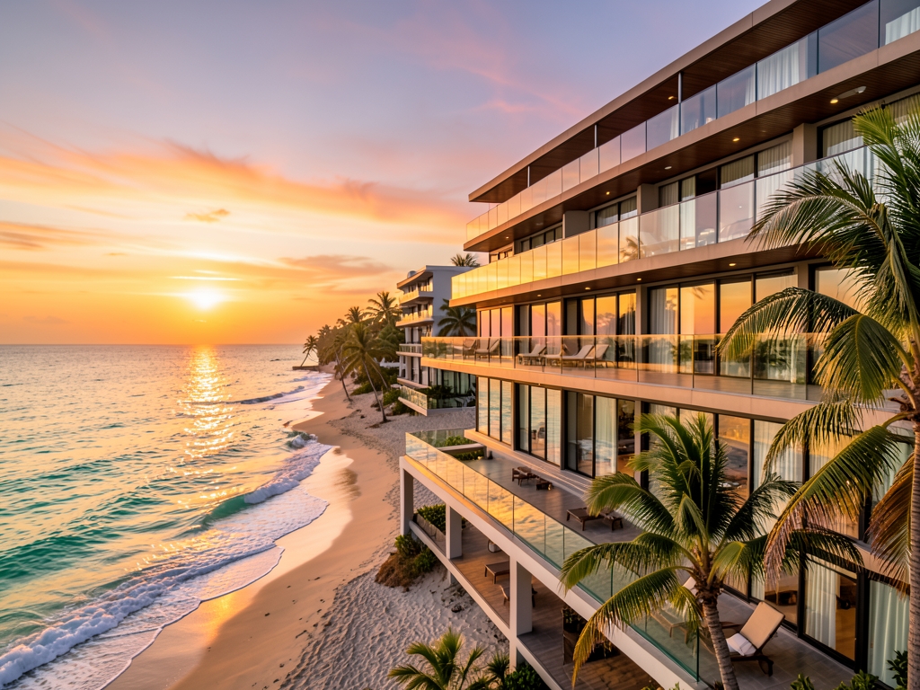 Modern beachfront hotel resort with glass balconies overlooking