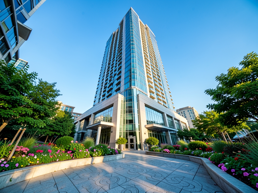 Elegant downtown hotel tower with stone plaza lush