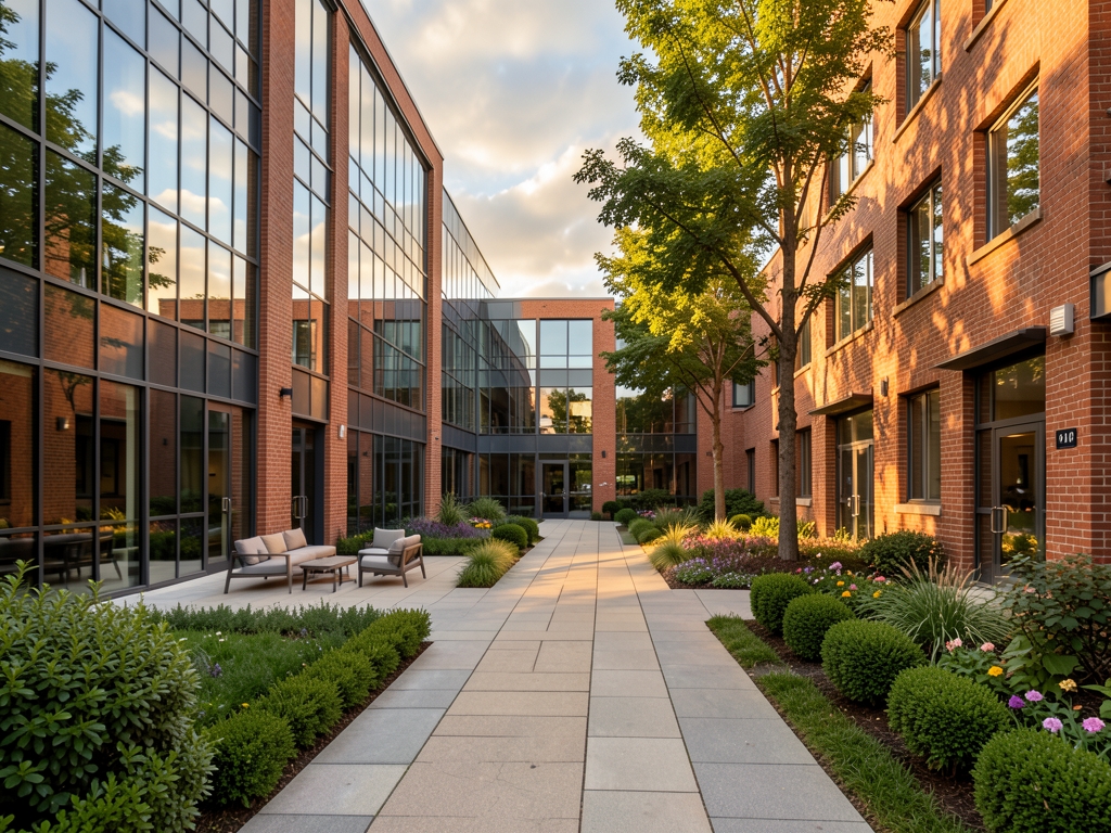 Modern office courtyard golden hour with glass brick