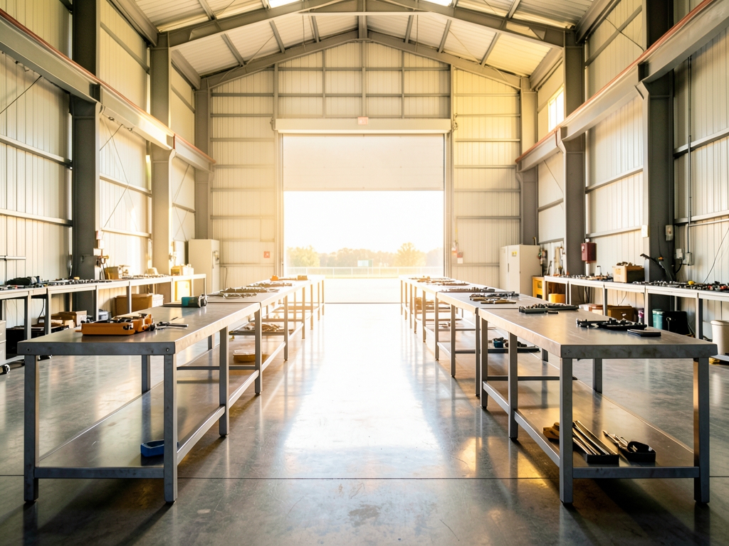 Bright industrial training hangar with polished concrete floors