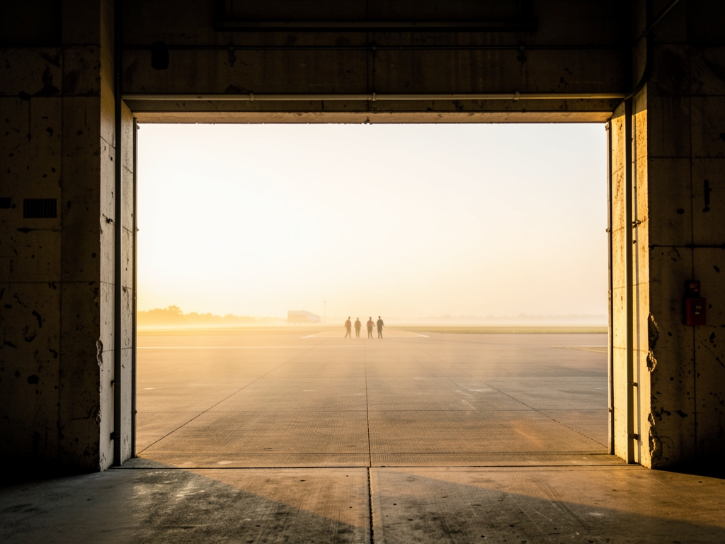 Wide hangar doorway opening bright airfield dawn with