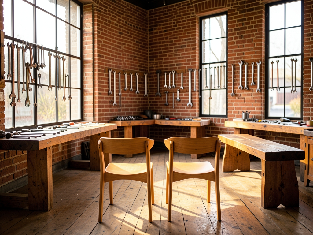 Modern workshop interior with wooden benches steel tools