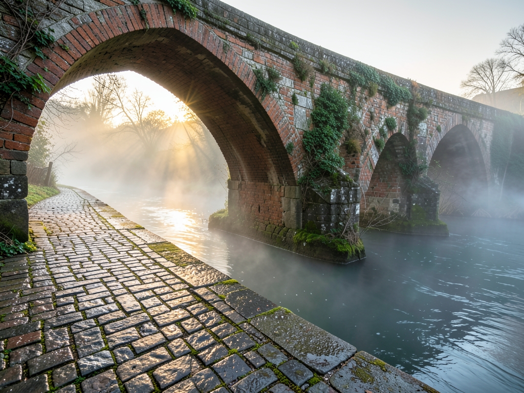 faded stone bridge over misty river dawn soft