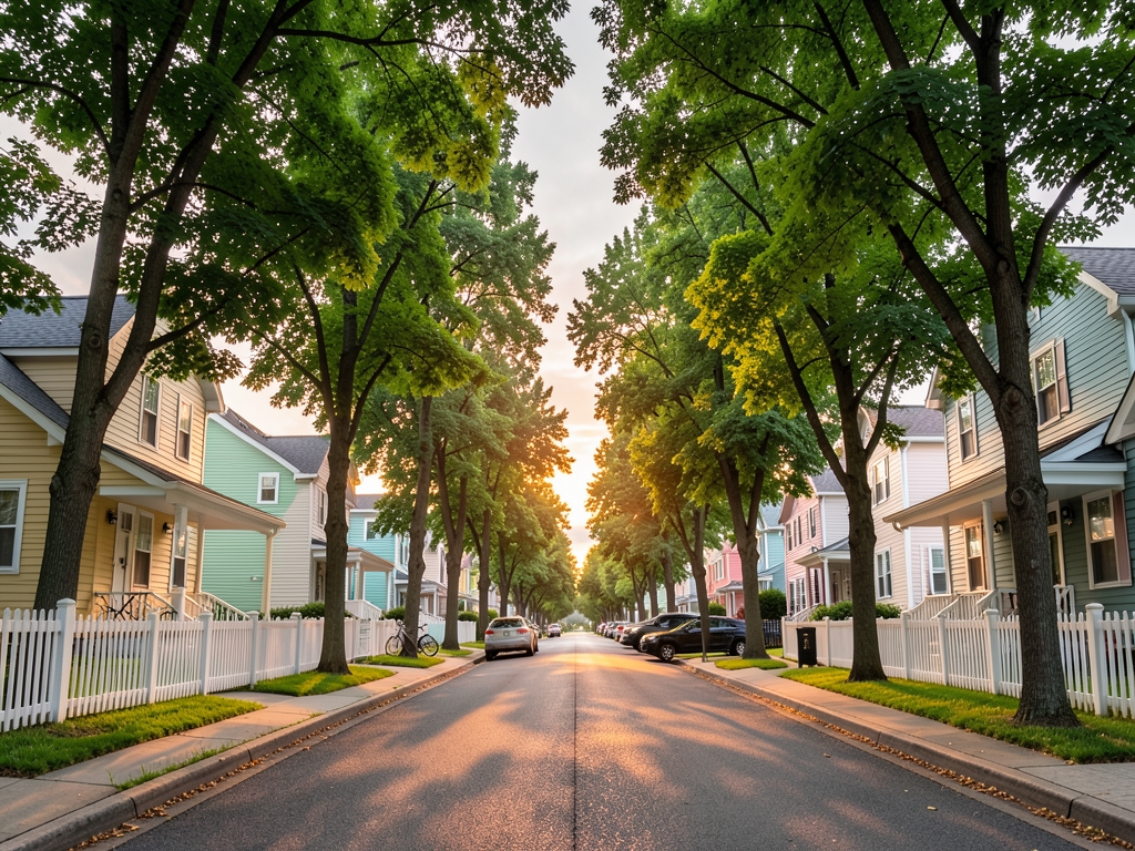 quiet suburban street golden hour small houses connected