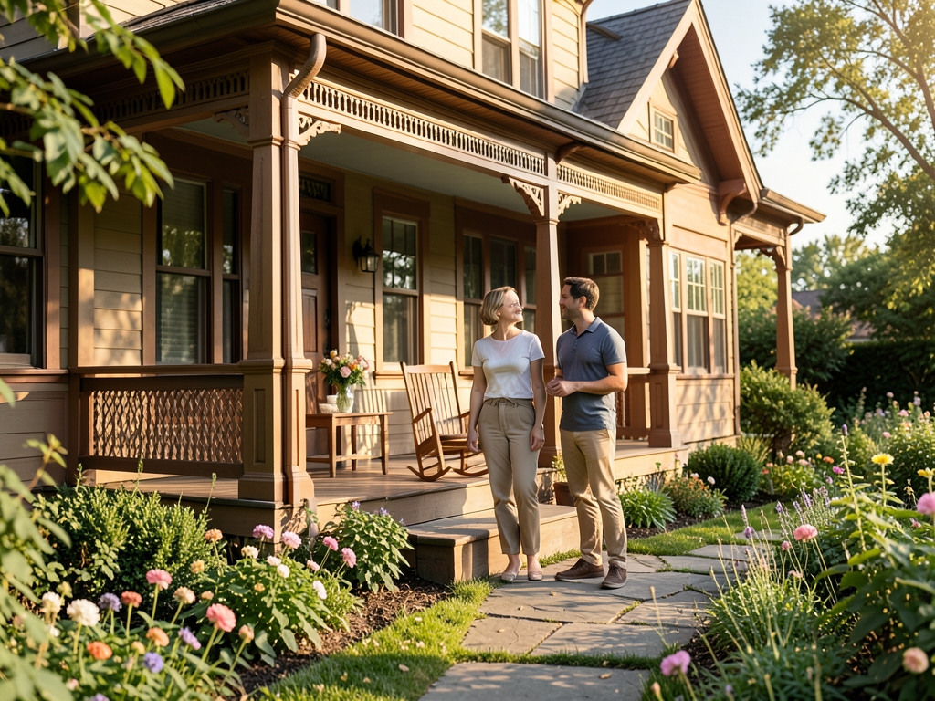 Friendly advisor homeowner standing distance sunny front porch