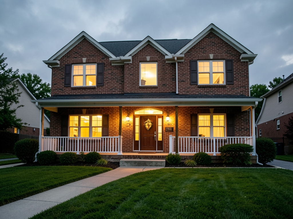 Suburban brick family home dusk with warm glowing
