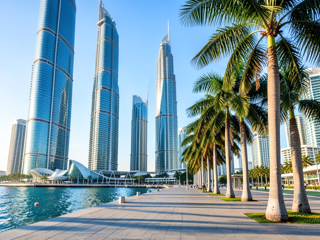 Marina waterfront with sleek modern towers palm lined promenade