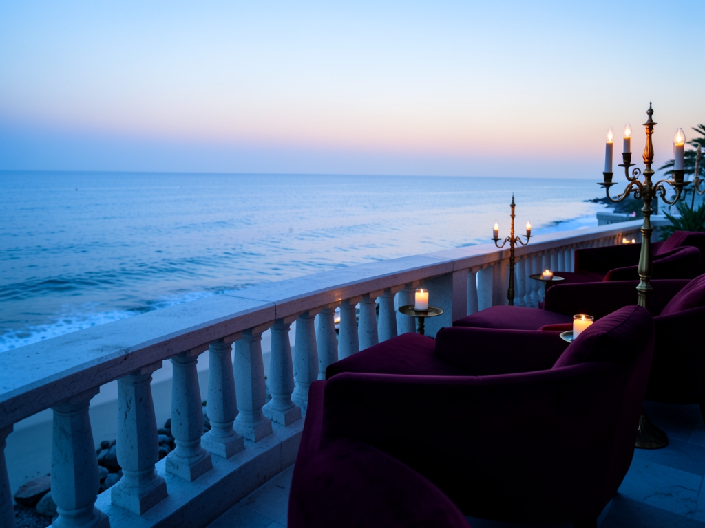 Serene twilight terrace overlooking calm ocean waters featuring