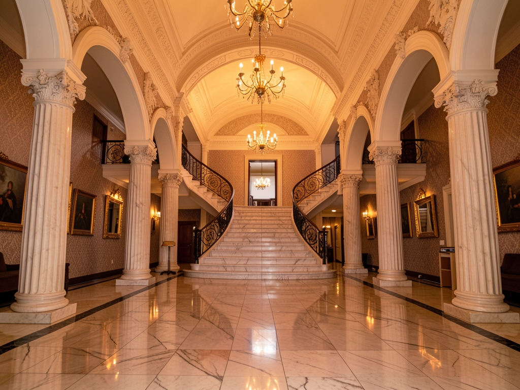 Sun drenched grand lobby with vaulted marble floors reflecting