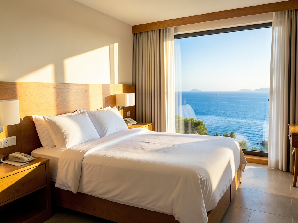 Bright hotel guest room with floor to ceiling windows facing