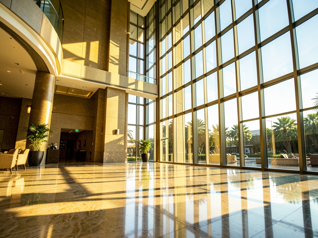 Sunlight streams through tall glass windows onto polished