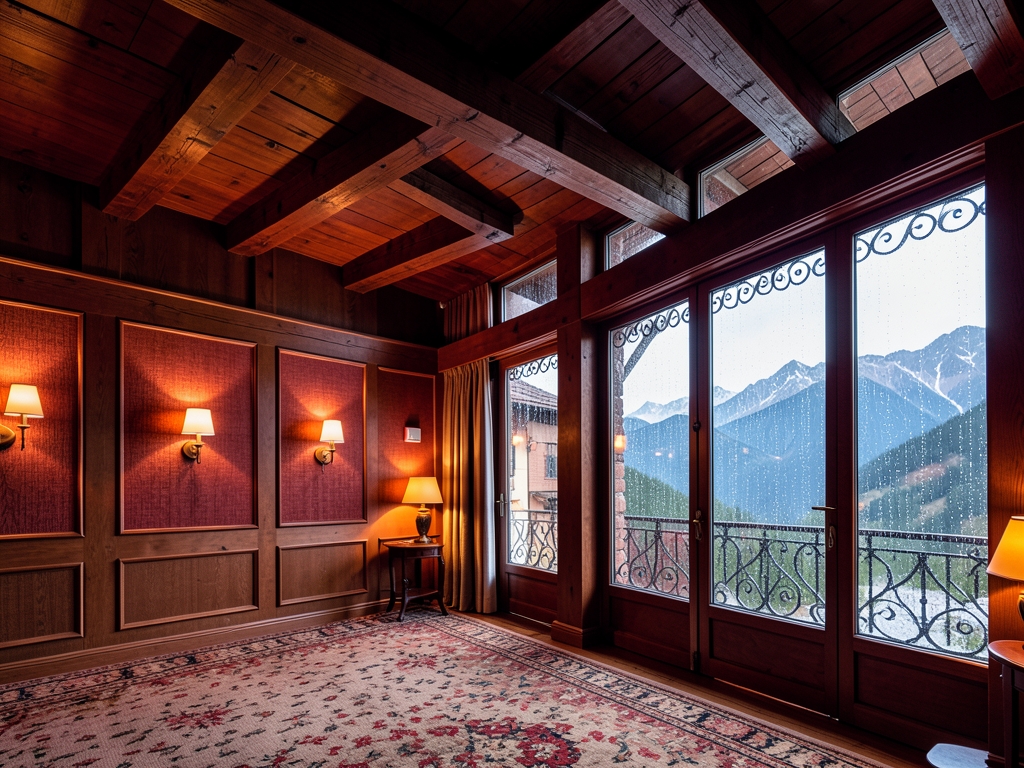Cozy mountain hotel lobby with warm wooden beams