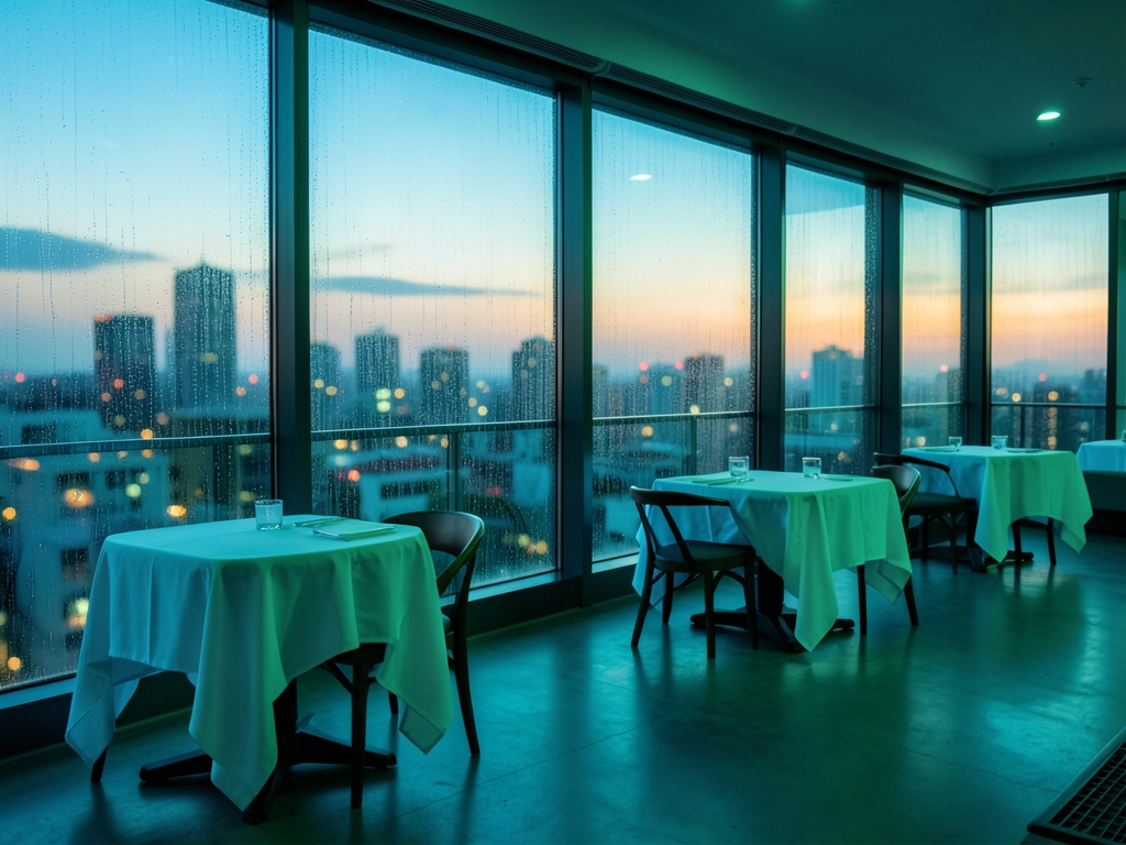 Rain streaked floor to ceiling windows upscale rooftop hotel terrace blue