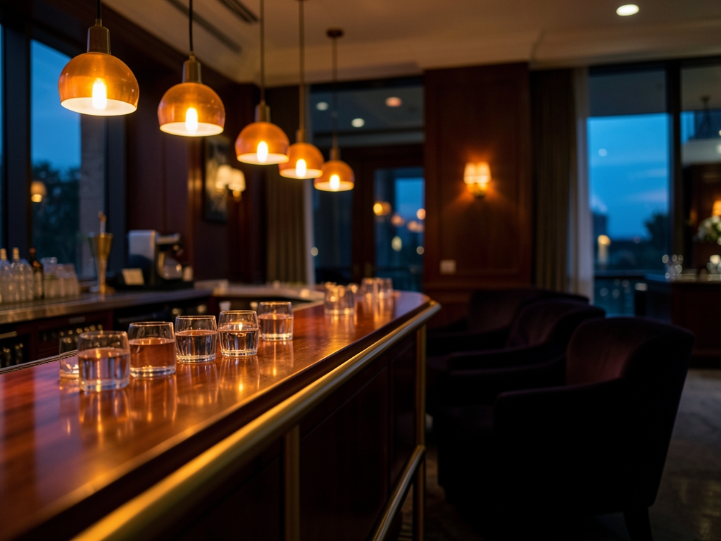 Dimly luxury hotel lobby dusk warm amber pendants