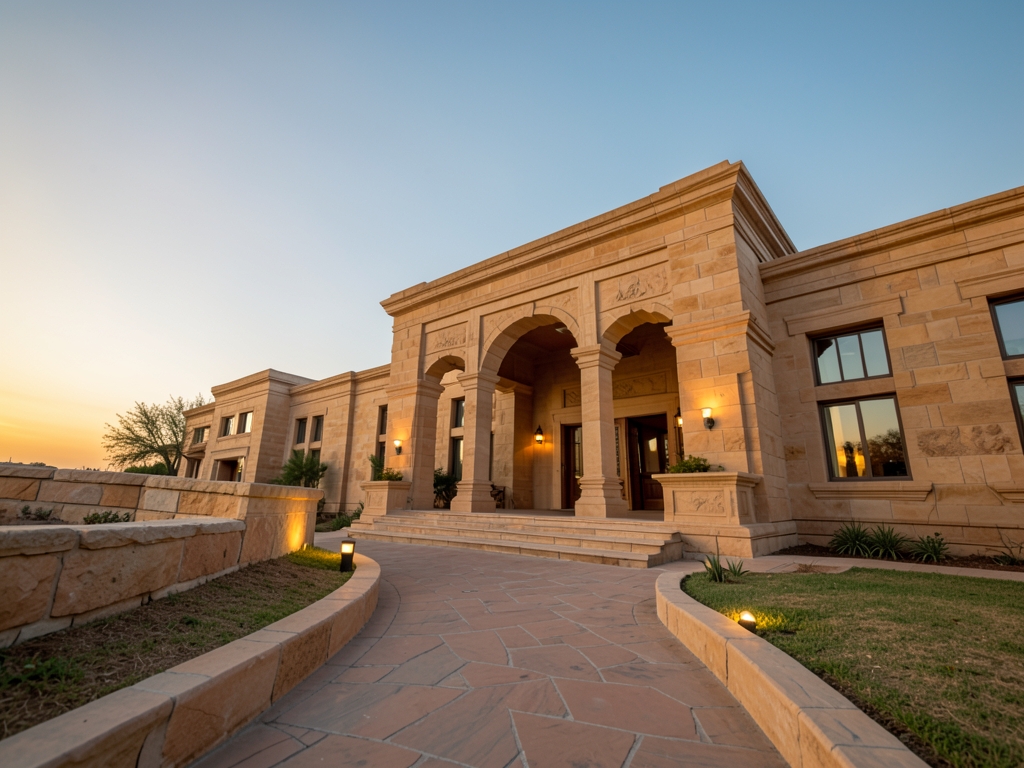 Soft evening paths converge sandstone hotel portico beneath
