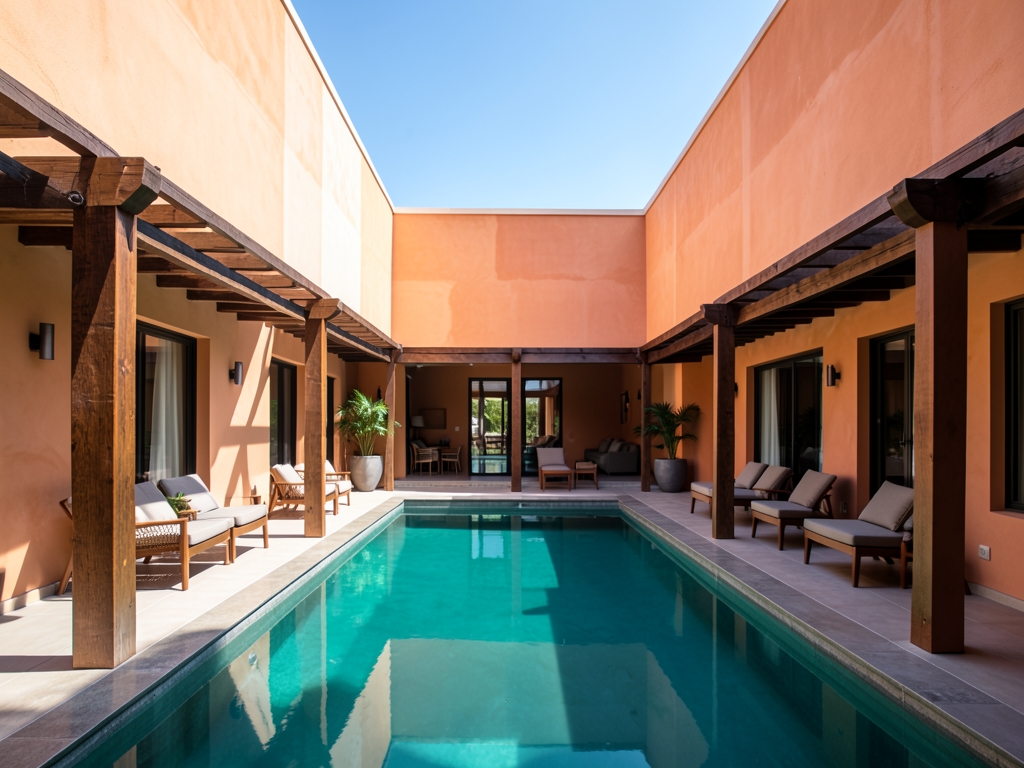 Sunlit modern boutique hotel courtyard with terracotta walls