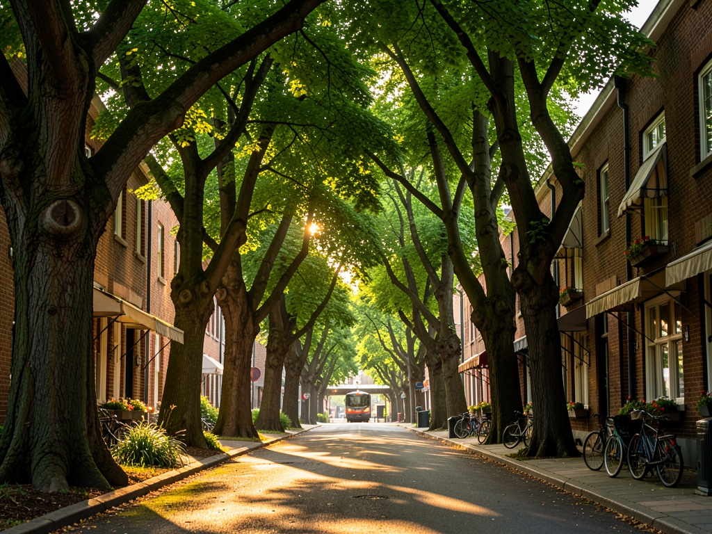 Sunlight filters through dense canopy mature trees lining