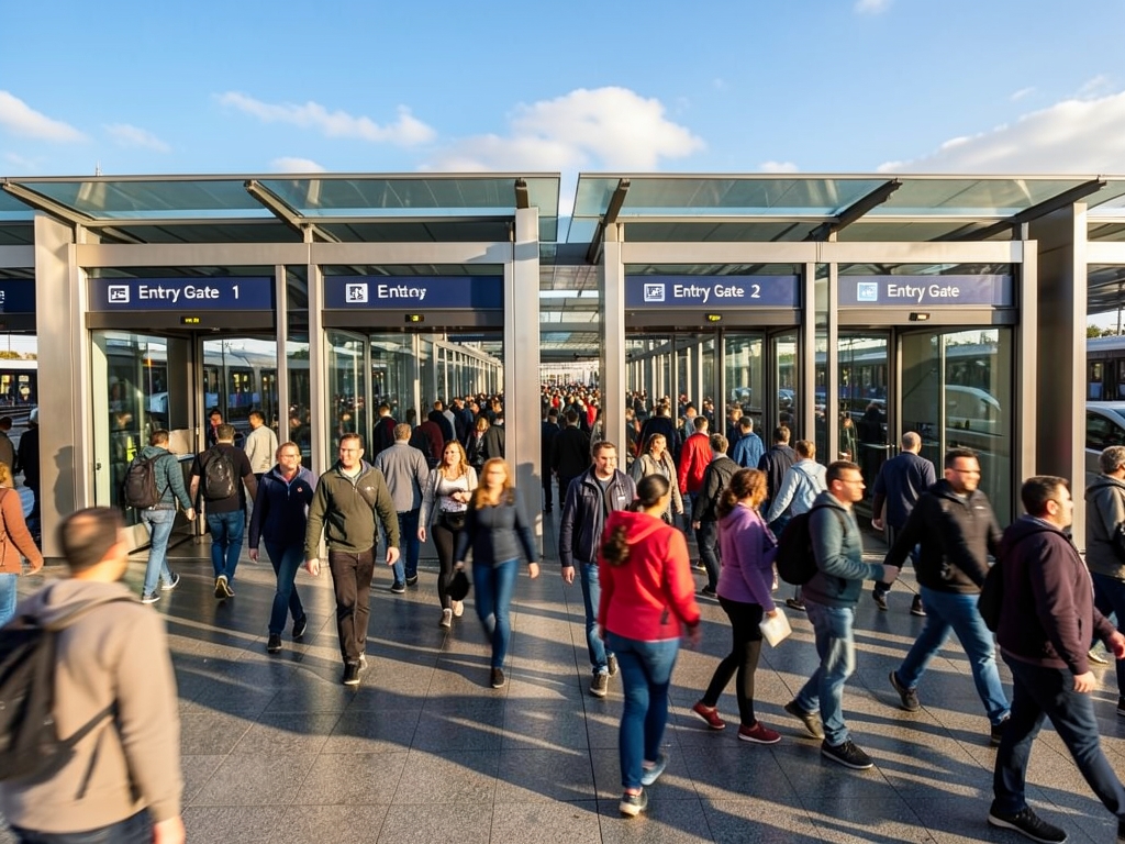 Wide angle view bustling transit where long serpentine lines