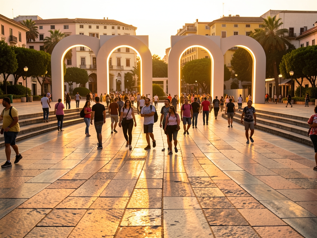 Sun drenched plaza with sweeping stone pathways guiding diverse