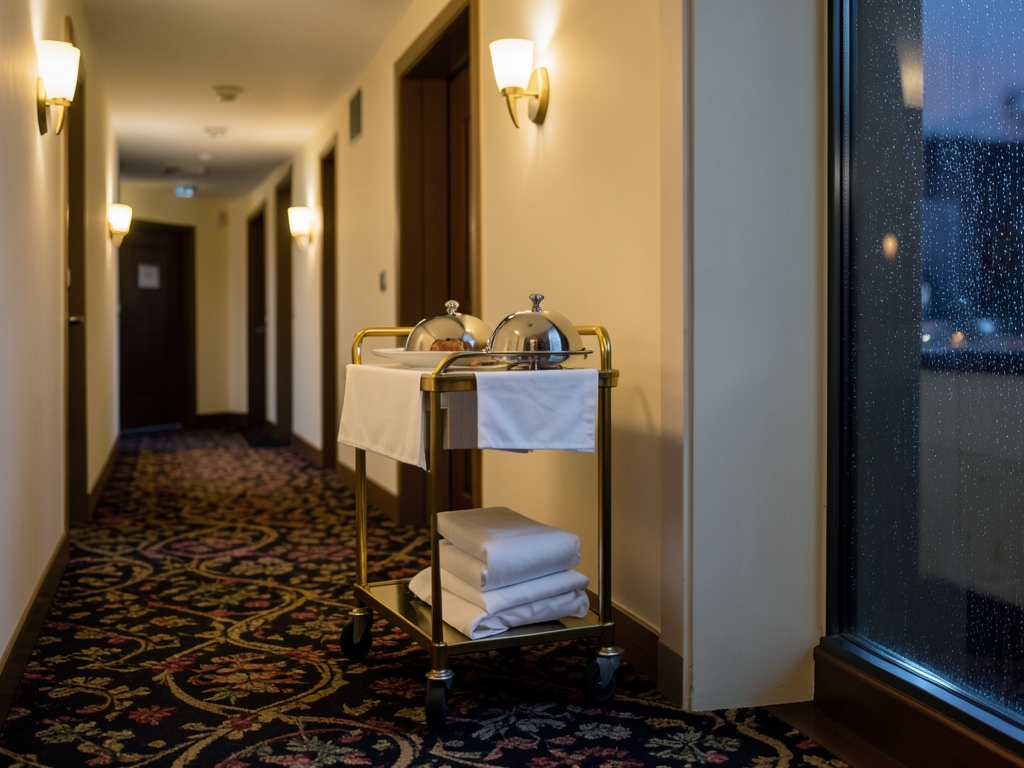 Quiet luxury hotel corridor night deep patterned carpet