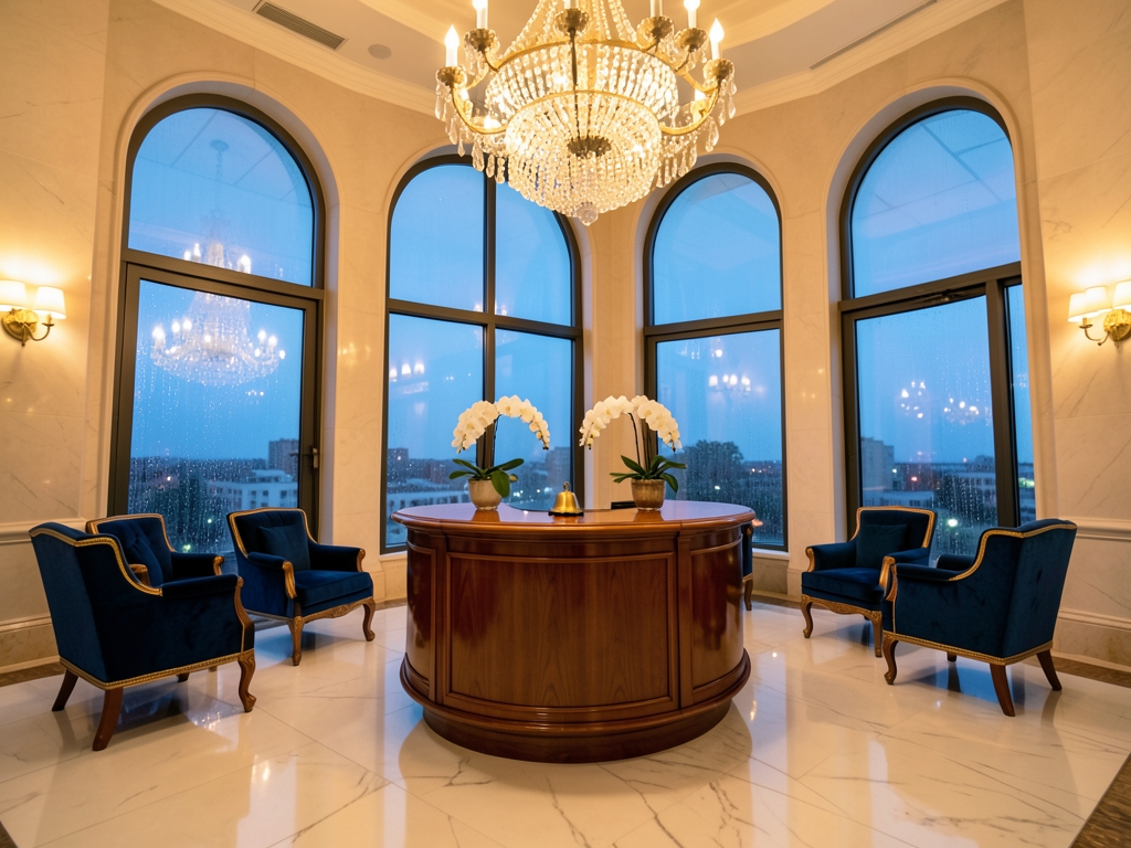 Grand luxury hotel lobby dusk polished marble floor