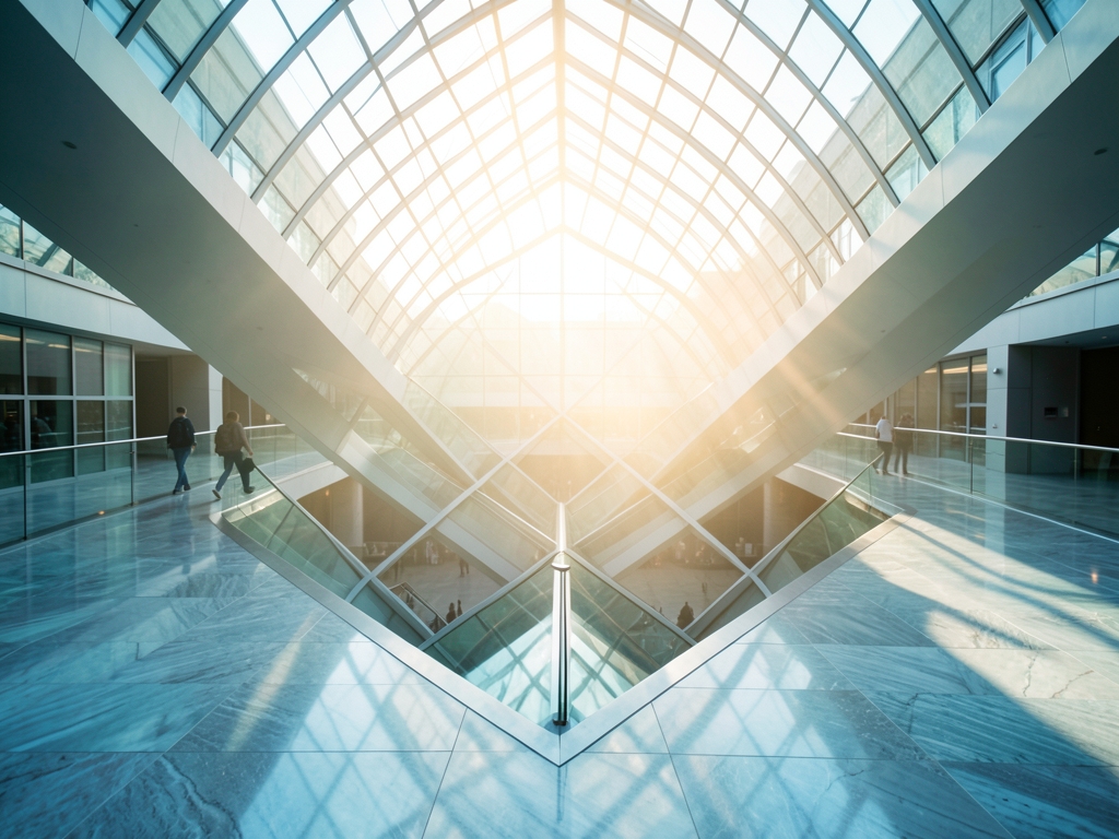 sunlit glass atrium with sweeping geometric walkways that
