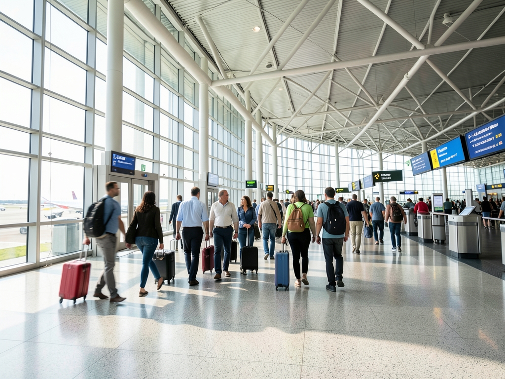 Sunlit airport terminal with glass walls travelers walking