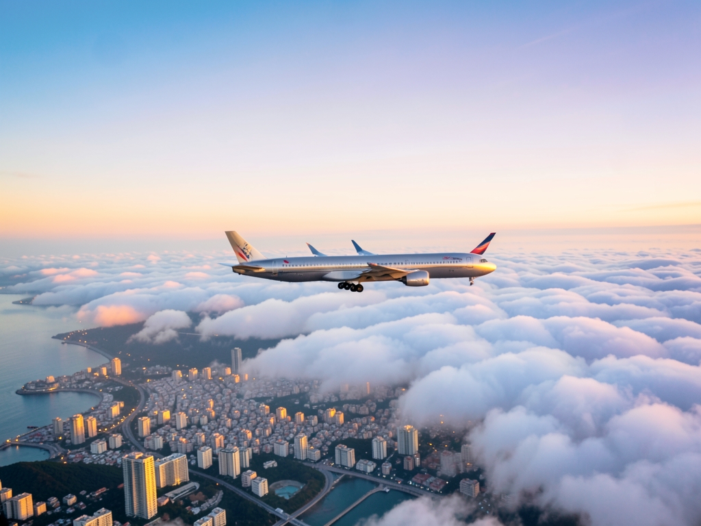 High altitude airplane above cloud layers coastal city golden