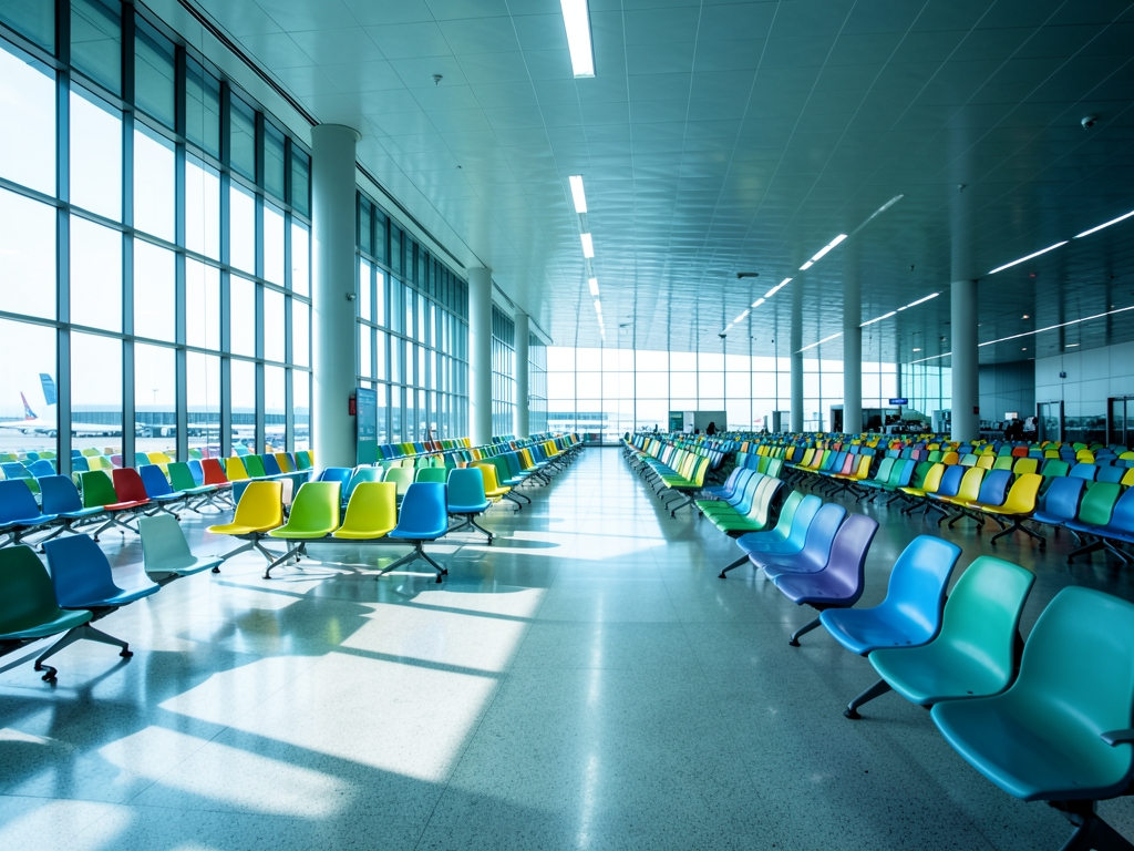 vast airport terminal interior with glass walls pale