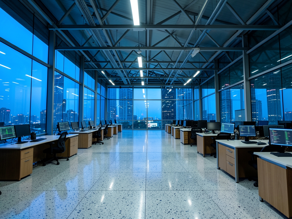 glass walled trading floor Singapore blue hour cool fluorescent light