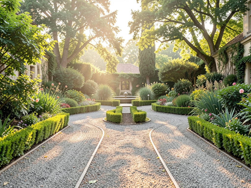 Bright morning courtyard with twin gravel paths through
