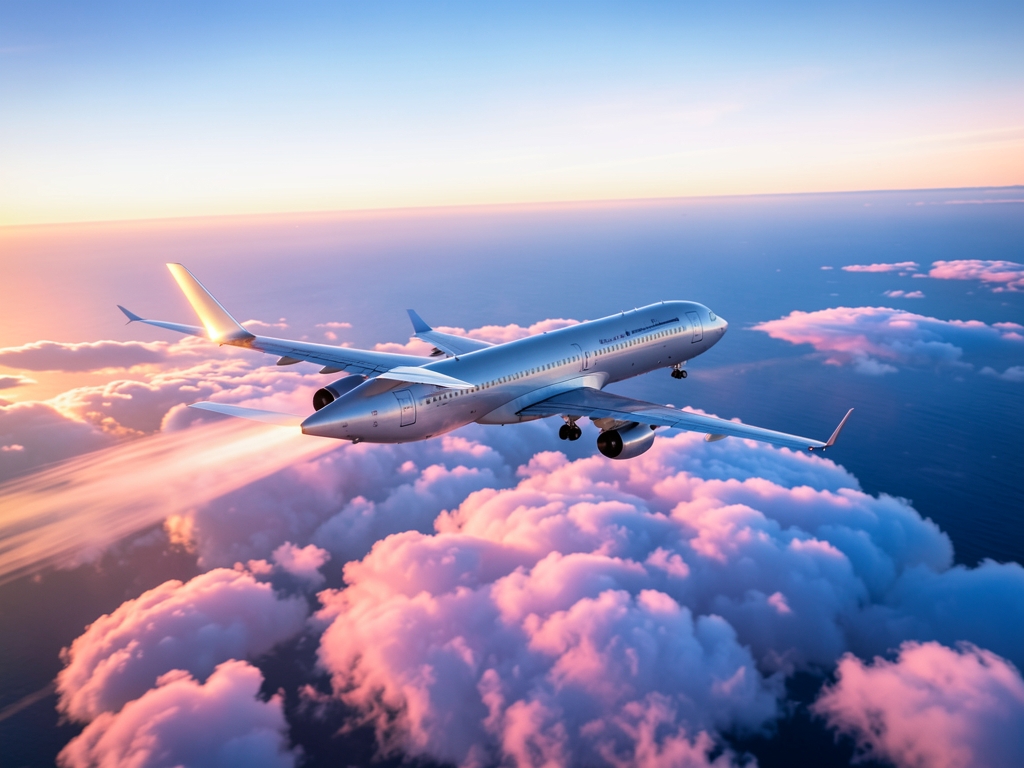 silver fuselage wide body slicing through thick layer pink