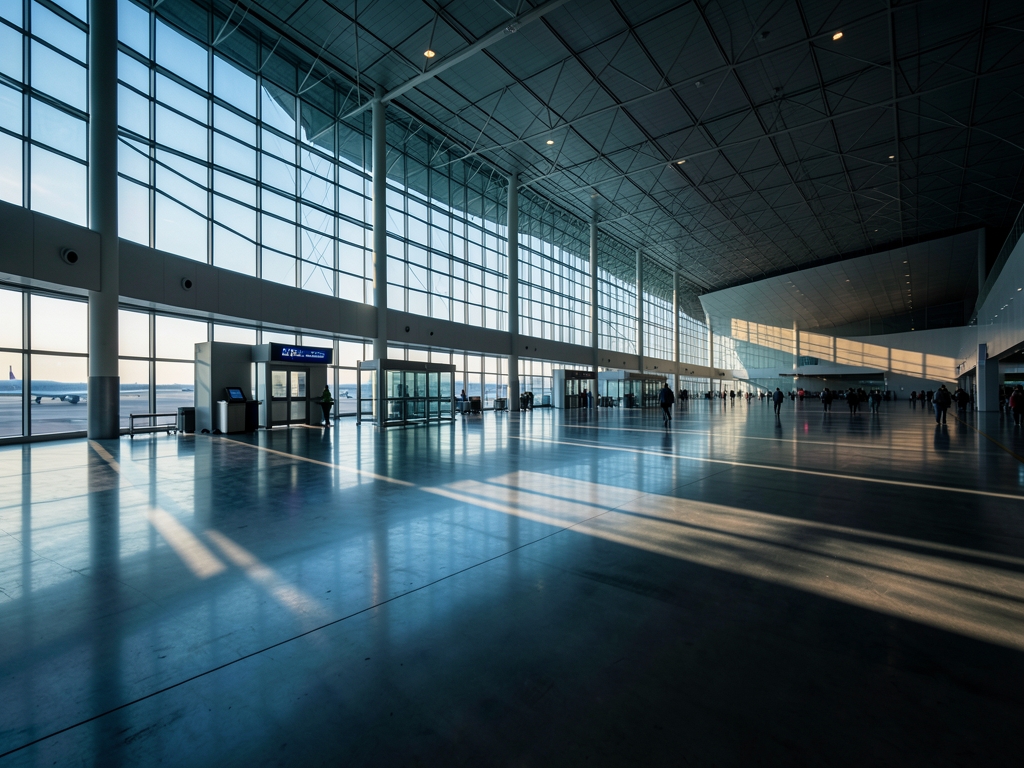 cavernous modern airport interior dawn polished concrete floors