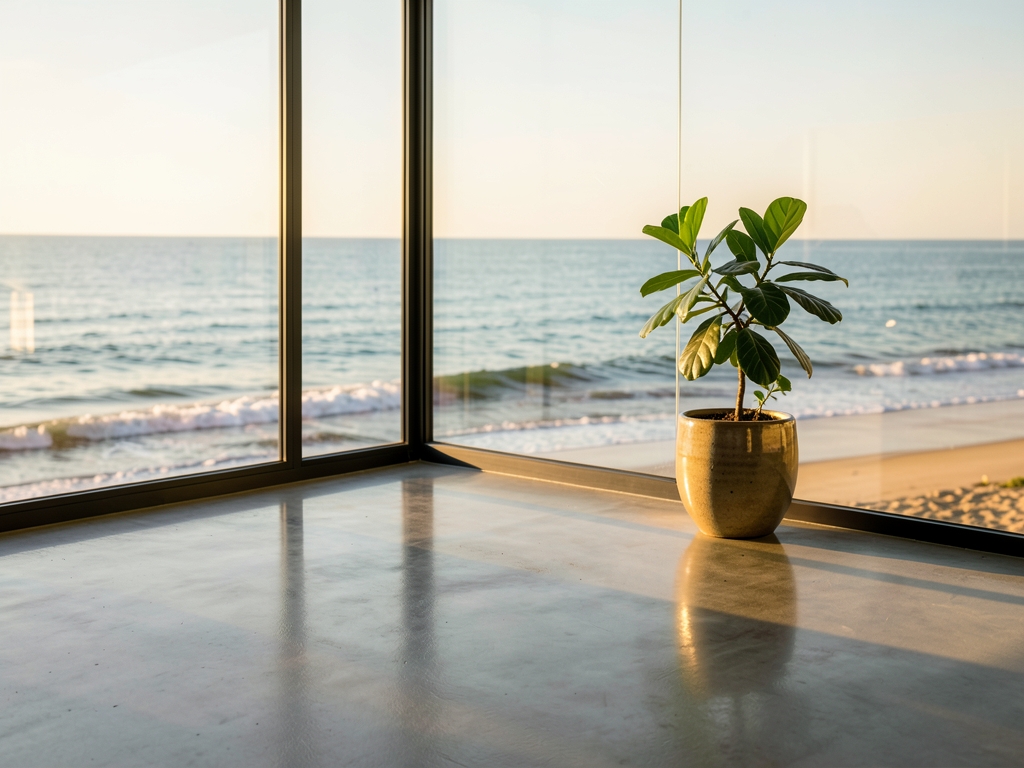 Warm morning sunlight fills minimalist room with polished