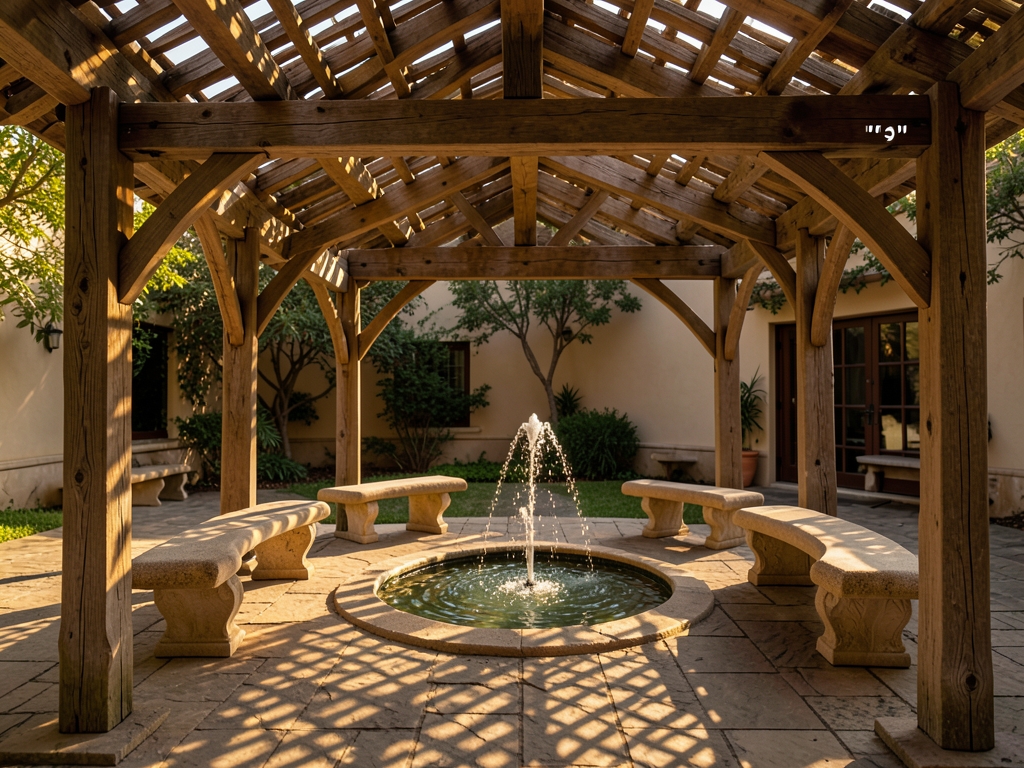 Sunlight filters through sturdy wooden pergola structure casting