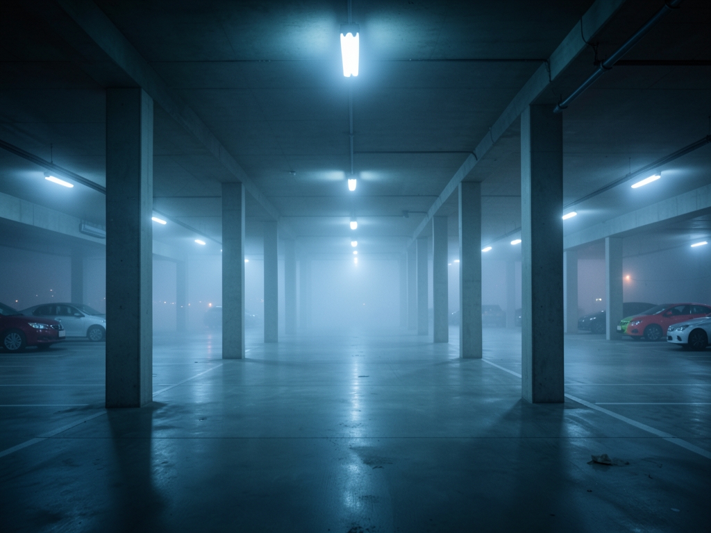 Stark concrete parking garage foggy midnight with perfectly