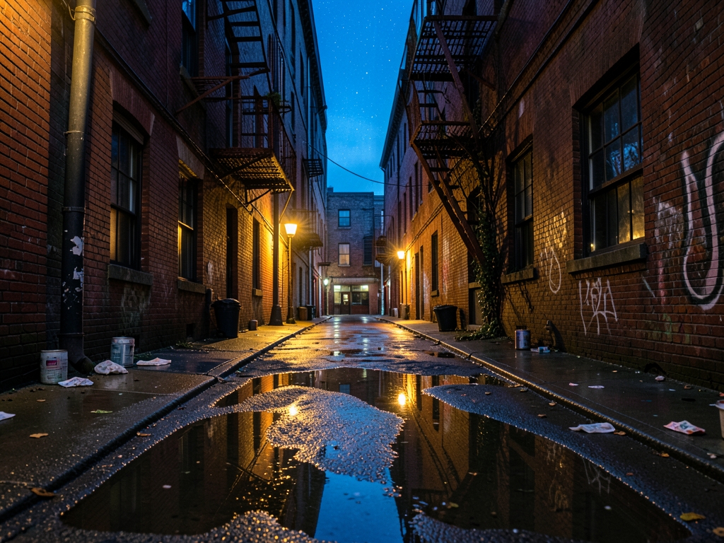 Rain slicked concrete back alley blue hour with crooked