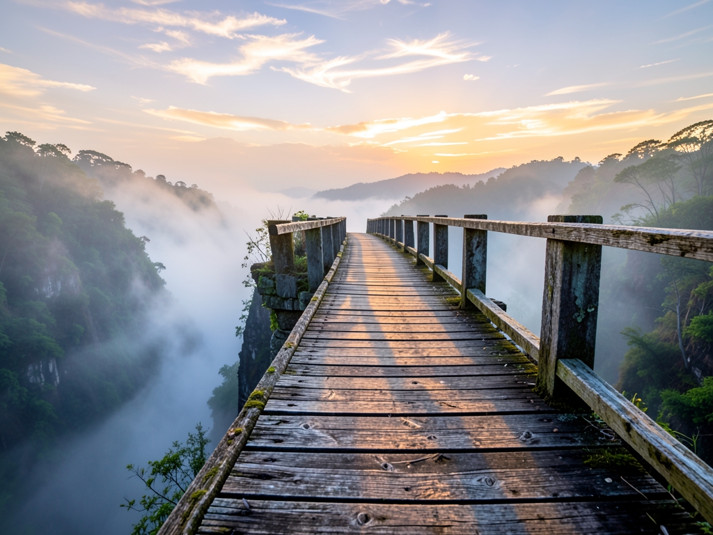 long wooden bridge over misty ravine dawn curling