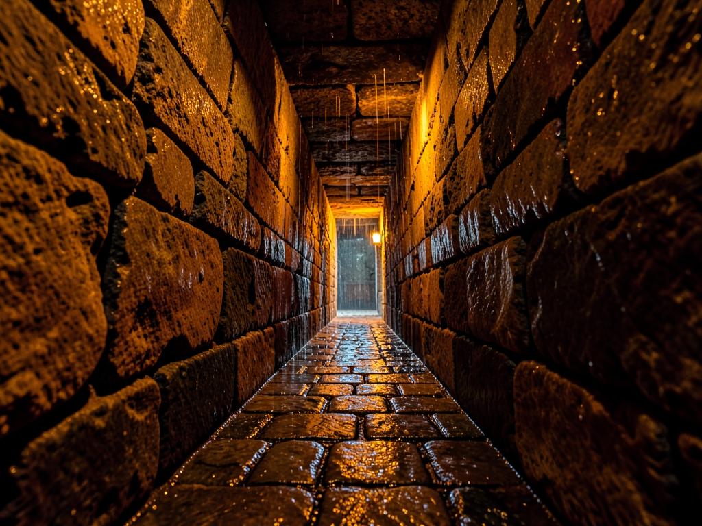 narrow stone corridor warm amber light rain streaking
