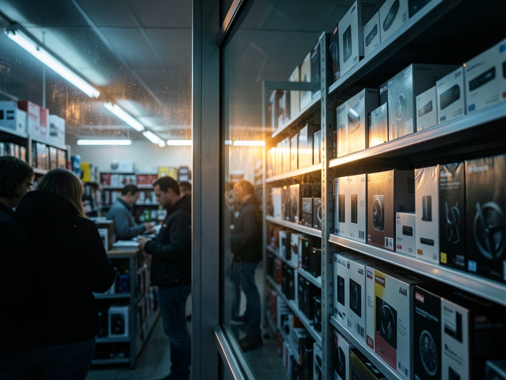 Dimly electronics store aisle with sealed boxes stacked
