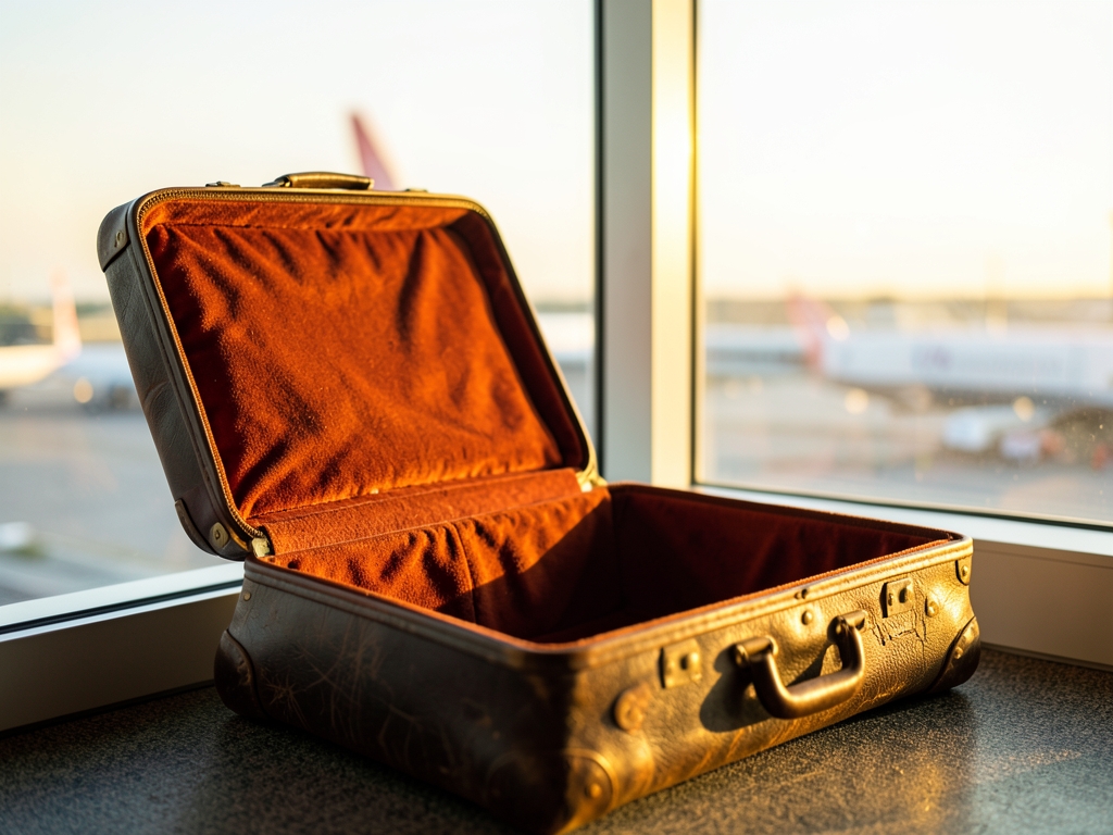 Open suitcase beside bright airport window golden hour
