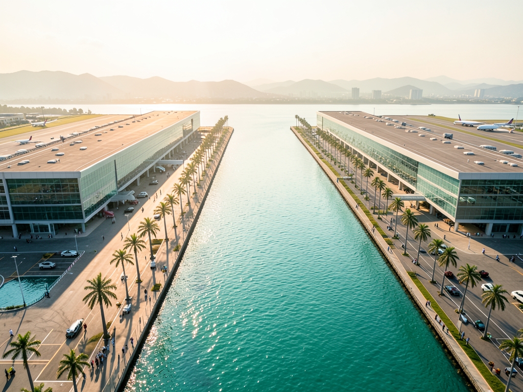 Aerial view coastal airport terminals separated sunlit bay