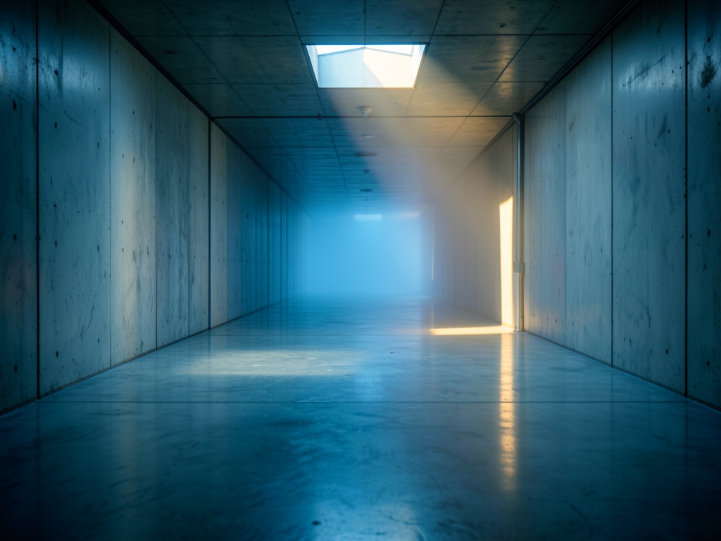 vast empty polished concrete data center corridor stretching