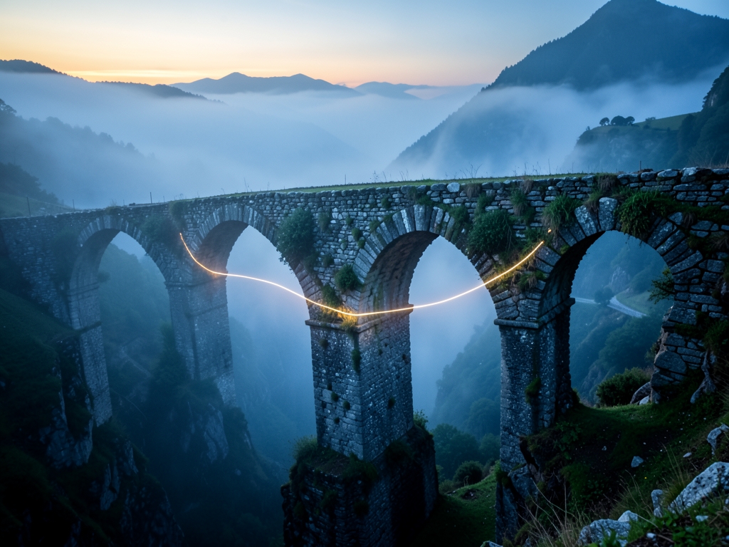 foggy mountain pass dawn where series ancient stone